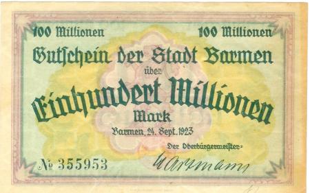 Barmen (heute: Wuppertal) - Stadt - 24.9.1923 - 100 Millionen Mark 