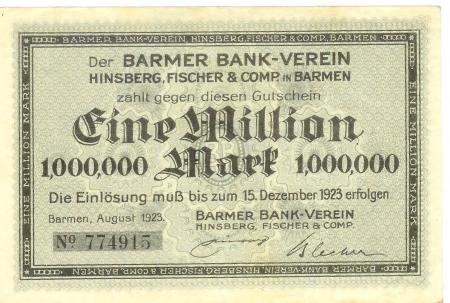 Barmen (heute: Wuppertal) - Barmer Bankverein, Hinsberg, Fischer & Co - August 1923 - 15.12.1923 - 1 Million Mark 