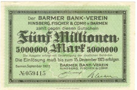 Barmen (heute: Wuppertal) - Barmer Bankverein, Hinsberg, Fischer & Co - September 1923 - 15.12.1923 - 5 Millionen Mark 