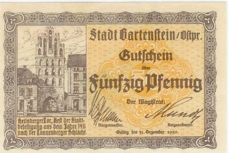 Bartenstein (heute: PL-Bartoszyce) - Stadt - - 31.12.1921 - 50 Pfennig 