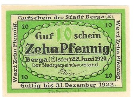 Berga - Stadt -22.6.1920 - 31.12.1922 - 10 Pfennig 