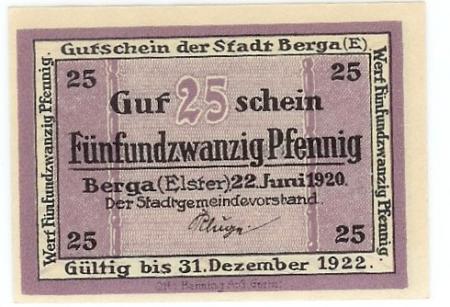 Berga - Stadt -22.6.1920 - 31.12.1922 - 25 Pfennig 