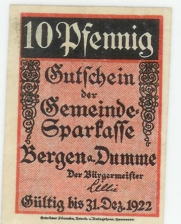 Bergen - Gemeinde(-Sparkasse) - - 31.12.1922 - 10 Pfennig 
