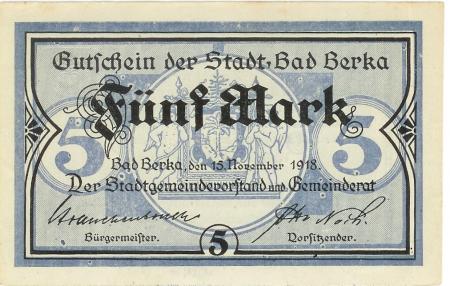 Berka (Bad) - Stadt - 15.11.1918 - 1.2.1919 - 5 Mark 