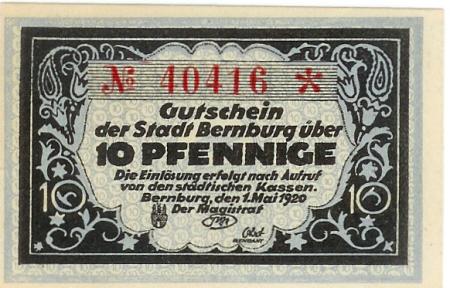 Bernburg - Stadt - 1.5.1920 - 10 Pfennig 