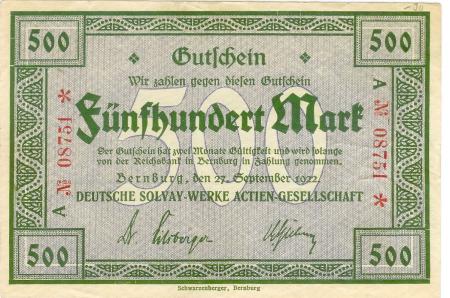 Bernburg - Deutsche Solvay.Werke AG - 27.9.1922 - 500 Mark 
