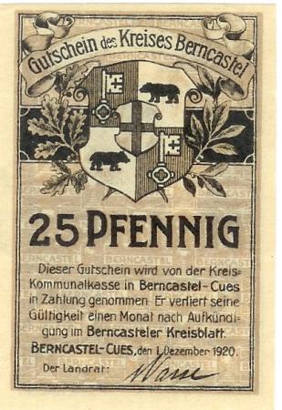 Berncastel-Cues (heute: Bernkastel-Kues)- Kreis - 1.12.1920 - 25 Pfennig 