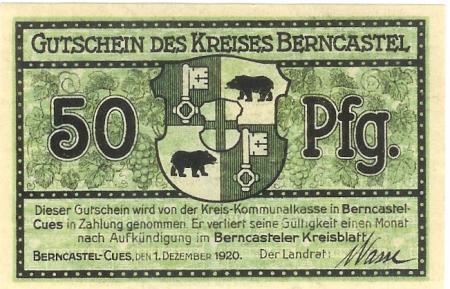 Berncastel-Cues (heute: Bernkastel-Kues)- Kreis - 1.12.1920 - 50 Pfennig 