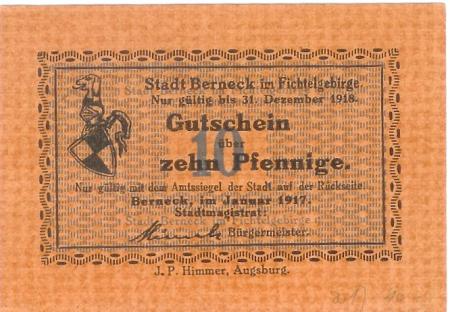 Berneck - Stadt - Januar 1917 - 31.12.1918 - 10 Pfennig 