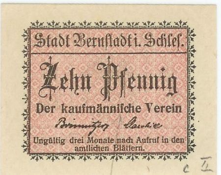 Bernstadt (heute: PL-Bierutow) - Kaufmännischer Verein - -- - 10 Pfennig 
