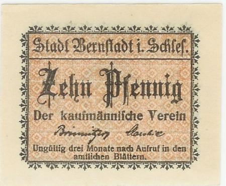 Bernstadt (heute: PL-Bierutow) - Kaufmännischer Verein - -- - 10 Pfennig 
