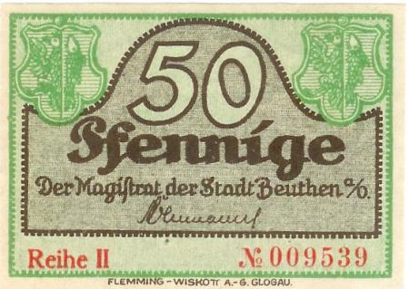Beuthen (heute: PL-Bytom Odrzanski) - Stadt - - 31.12.1921 - 50 Pfennig 