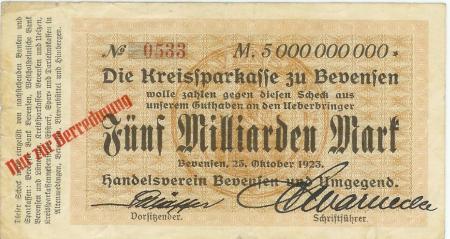 Bevensen (heute: Bad Bevensen) - Handelsverein Bevensen und Umgegend - 25.10.1923 - 5 Milliarden Mark 