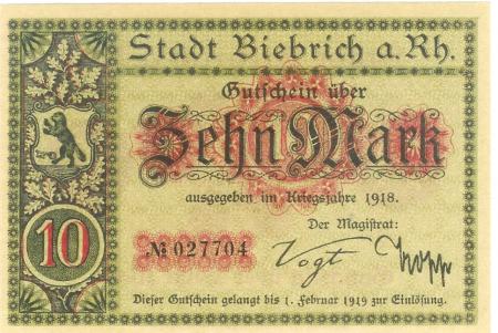 Biebrich (heute: Wiesbaden) - Stadt - 1918 - 1.2.1919 - 10 Mark 