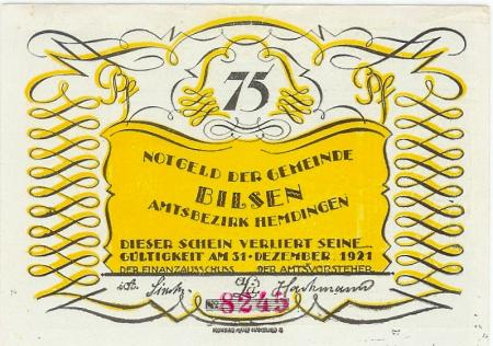 Bilsen - Gemeinde - - 31.12.1921 - 75 Pfennig 