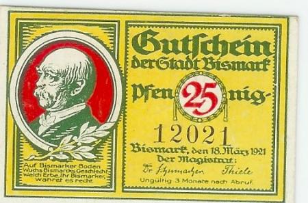 Bismark - Stadt - 18.3.1921 - 25 Pfennig 