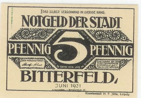 Bitterfeld - Stadt - Juni 1921 - 5 Pfennig 