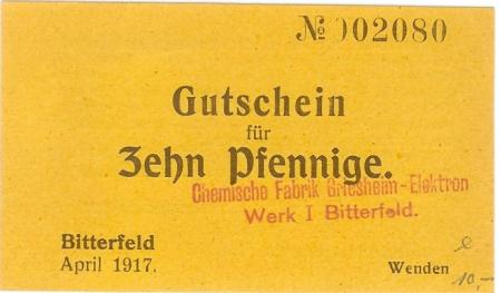 Bitterfeld - Chemische Fabrik Griesheim Elektron, Werk I Bitterfeld - April 1917 - 10 Pfennig 
