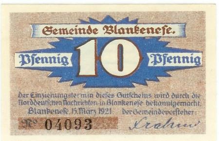 Blankenese (heute: Hamburg) - Gemeinde - 15.3.1921 - 10 Pfennig 