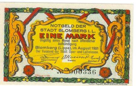Blomberg - Stadt - August 1921 - 1 Mark 