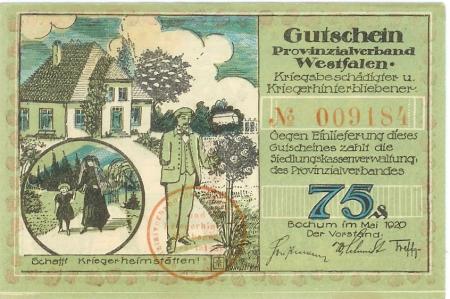 Bochum - Provinzialverband Westfalen Kriegsbeschädigter und Kriegshinterbliebener - Mai 1920 - 75 Pfennig 