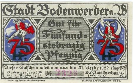 Bodenwerder - Sparkasse der Stadt - 1.11.1920 - 31.12.1922 - 75 Pfennig 
