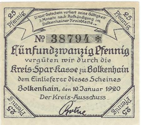 Bolkenhain (heute: PL-Bolkow) - Kreis - 10.1.1920 - 25 Pfennig 