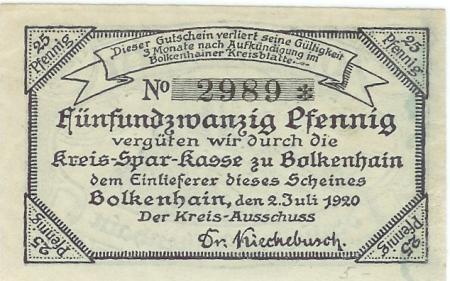 Bolkenhain (heute: PL-Bolkow) - Kreis - 2.7.1920 - 25 Pfennig 