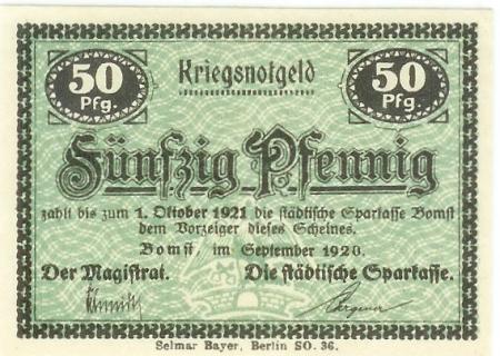 Bomst (heute: PL-Babimost) - Stadt und Städtische Sparkasse - September 1920 - 50 Pfennig 
