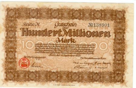 Bonn - Stadt und Handelskammer - 11.9.1923 - 100 Millionen Mark 