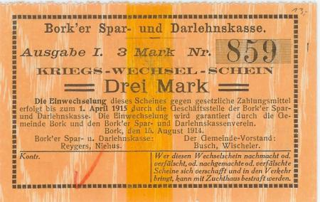Bork (heute: Selm) - Spar- und Darlehnskasse - 15.8.1914 - 1.4.1915 - 3 Mark 