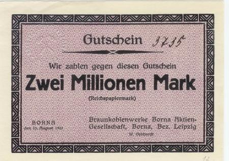Borna - Braunkohlenwerke AG - 15.8.1923 - 2 Millionen Mark 