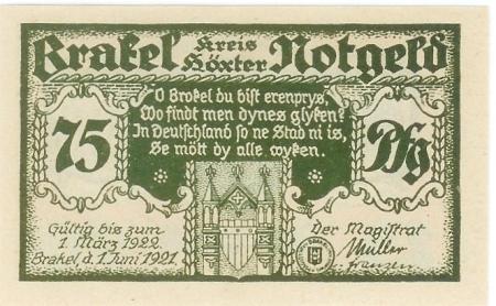 Brakel - Stadt - 1.6.1921 - 1.3.1922 - 75 Pfennig 