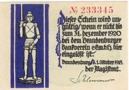 Brandenburg - Stadt - 1.10.1918 - 31.12.1920 - 1/2 Mark 