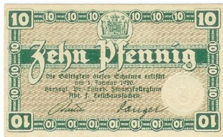 Braunschweig - Herzoglich Braunschweig-Lüneburgisches Finanzkollegium, Abteilung für Leihhaussachen -  - 1.1.1920 - 10 Pfennig 