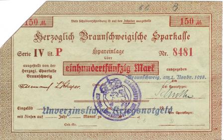 Braunschweig - Herzoglich Braunschweigische Leihhauskasse - 1.11.1918 - 150 Mark 
