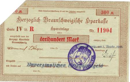 Braunschweig - Herzoglich Braunschweigische Leihhauskasse - 1.11.1918 - 300 Mark 