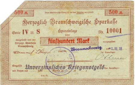 Braunschweig - Herzoglich Braunschweigische Leihhauskasse - 1.11.1918 - 500 Mark 