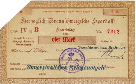 Braunschweig - Herzoglich Braunschweigische Leihhauskasse - 1.11.1918 - 4 Mark 
