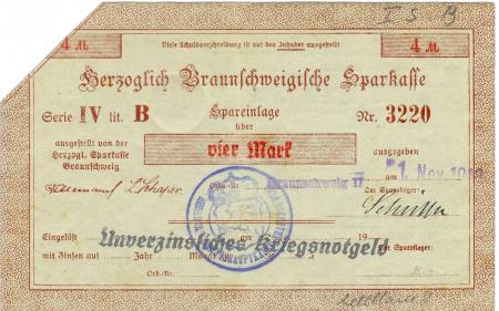 Braunschweig - Herzoglich Braunschweigische Leihhauskasse - 1.11.1918 - 4 Mark 