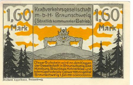 Braunschweig - Kraftverkehrsgesellschaft mbH - 1.7.1921 - 1.1.1922 - 1.60 Mark 