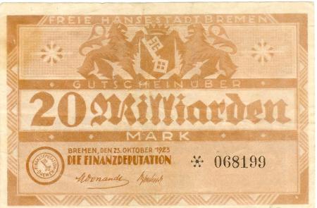 Bremen - Finanzdeputation (Stadtkämmerei) - 23.10.1923 - 20 Milliarden Mark 
