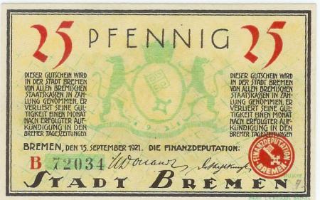 Bremen - Finanzdeputation (Stadtkämmerei) - 15.9.1921 - 25 Pfennig 