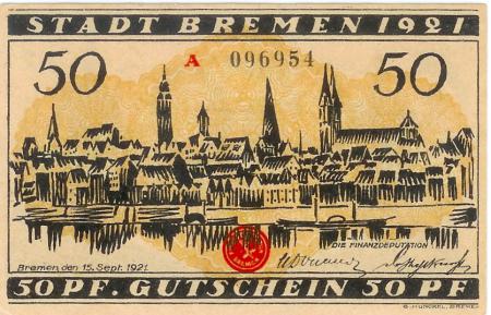 Bremen - Finanzdeputation (Stadtkämmerei) - 15.9.1921 - 50 Pfennig 