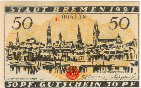 Bremen - Finanzdeputation (Stadtkämmerei) - 15.9.1921 - 50 Pfennig 