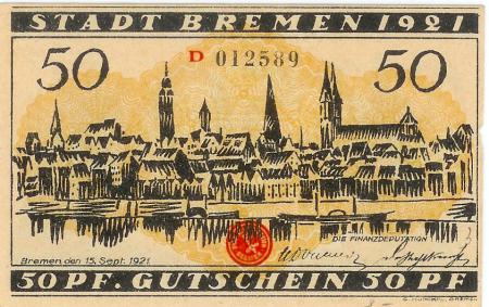 Bremen - Finanzdeputation (Stadtkämmerei) - 15.9.1921 - 50 Pfennig 
