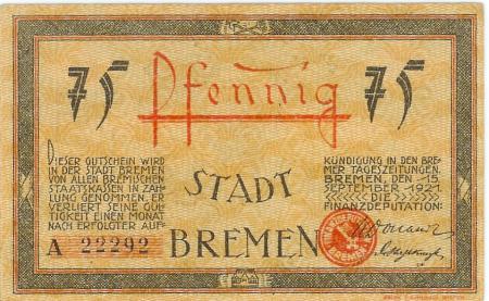 Bremen - Finanzdeputation (Stadtkämmerei) - 15.9.1921 - 75 Pfennig 