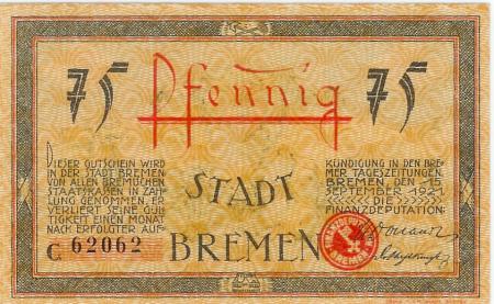 Bremen - Finanzdeputation (Stadtkämmerei) - 15.9.1921 - 75 Pfennig 