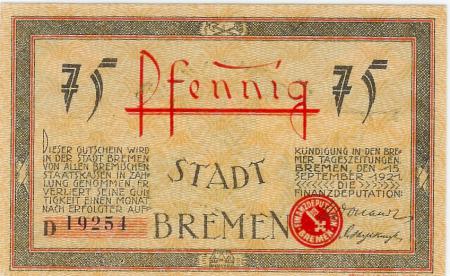 Bremen - Finanzdeputation (Stadtkämmerei) - 15.9.1921 - 75 Pfennig 