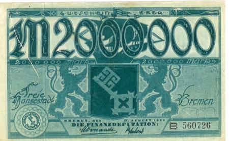 Bremen - Finanzdeputation (Stadtkämmerei) - 17.8.1923 - 2 Millionen Mark 